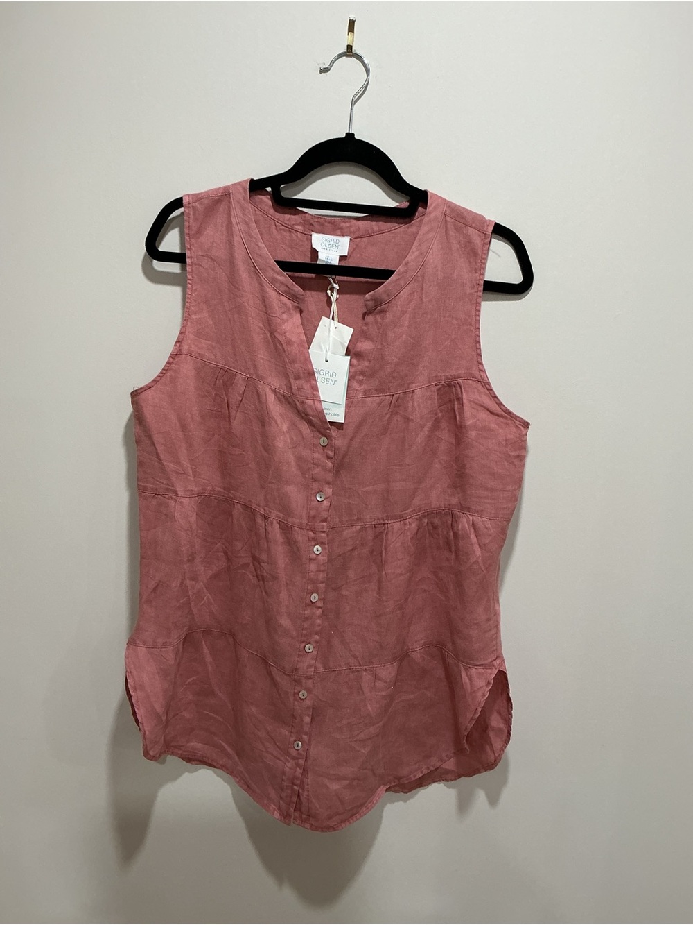 NWT Sigrid Olsen Sleeveless Button-Front Linen Top in Dusty Rose size large